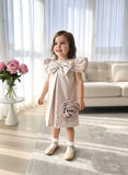 Girls Premium Rose Gold Scuba Party Dress with Bow & 3D Flower
