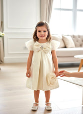 Girls Premium Golden Scuba Party Dress with Bow & Flower