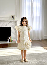 Girls Premium Ivory Floral Jacquard Frock with Rose & Puff Sleeves
