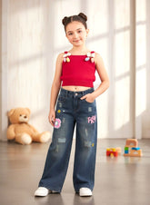 Girls Korean Style Denim Co-ord Set with Pink Top | 4-8 Years