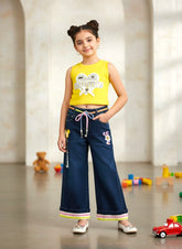 Girls Korean Style Denim Co-ord Set with Yellow Top | 4-8 Years