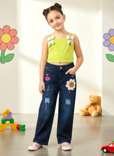 Girls Korean Style Denim Co-ord Set with Green Top | 4-8 Years