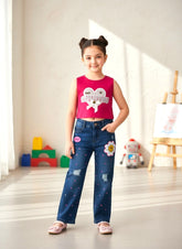 Girls Korean Style Denim Co-ord Set with Pink Top | 4-8 Years