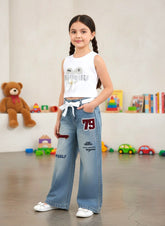 Girls Korean Style Denim Co-ord Set with White Top | 4-8 Years