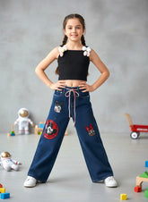 Girls Korean Style Denim Co-ord Set with Black Top | 4-8 Years