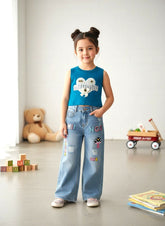 Girls Korean Style Denim Co-ord Set with Blue Top | 4-8 Years