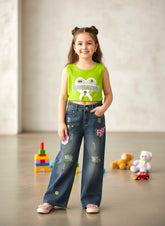 Girls Korean Style Denim Co-ord Set with Green Top | 4-8 Years