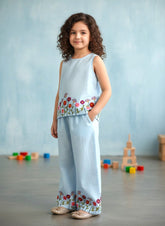 Girls Light Blue Embroidered Mul Cotton Co-ord Set| 1-6 Years