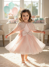 Girls Peach Party Wear Dress with Sequin Cape and Bow Detail
