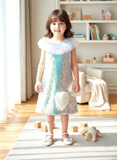Girls Premium Silver Sequin Party Dress with Tulle Collar & Bow