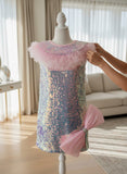 Girls Baby Pink Sequin Party Dress with Tulle Collar & Bow