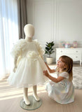 Girls Premium Pearl White Party Frock with Rose & Ruffle Sleeves