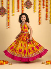 Bows & Bubbles Girls Mustard Yellow Ikkat Cotton Lehenga | 1-7 Years