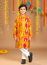 Bows & Bubbles Boys Mustard Yellow Ikkat Print Cotton Kurta Pyjama | 1-7 Y