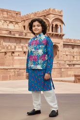 Blue Cotton Kurta Pyjama Jacket Set