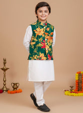 Bows & Bubbles Boys Green Floral Jacket White Kurta Pyjama | 6 Months-12 Years