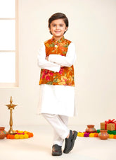 Bows & Bubbles Boys Orange Floral Jacket White Kurta Pyjama | 6 Months-12 Years