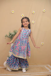 Bows & Bubbles Girls Cotton Blue Floral Gota Patti Sharara Set | 1-7 Years
