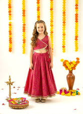 Bows & Bubbles Girls Rani Pink Cotton Block Print Lehenga Set | 8-12 Y