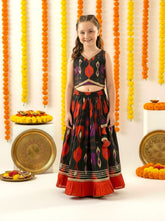 Bows & Bubbles Girls Cotton Black Orange Jaipuri Lehenga Set | 1-7 Years