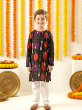 Bows & Bubbles Boys Black Ikkat Print Cotton Kurta Pyjama | 1-7 Y