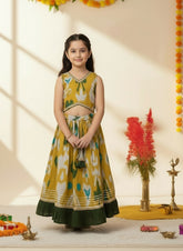 Bows & Bubbles Girls Green Cotton Ikkat Print Lehenga Set | 1-7 Y