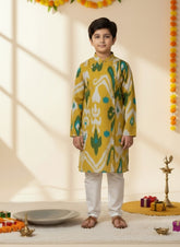 Bows & Bubbles Boys Green Ikkat Print Cotton Kurta Pyjama | 1-7 Y