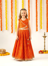 Bows & Bubbles Girls Orange Cotton Block Print Lehenga Set | 8-12 Y