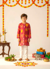 Bows & Bubbles Boys Pink Ikkat Print Cotton Kurta Pyjama | 1-7 Y