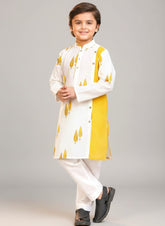Bows & Bubbles Boys White Jaipuri Print Cotton Kurta Pyjama | 1-7 Y