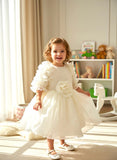 Girls Premium Pearl White Party Frock with Rose & Ruffle Sleeves
