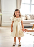 Girls Premium Golden Scuba Party Dress with Bow & Flower