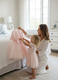 Girls Peach Party Wear Dress with Sequin Cape and Bow Detail