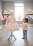 Girls Peach Party Wear Dress with Sequin Cape and Bow Detail