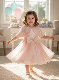 Girls Peach Party Wear Dress with Sequin Cape and Bow Detail