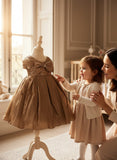 Girls Golden Brown Party Wear Frock with Sequin Bow