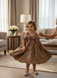 Girls Golden Brown Party Wear Frock with Sequin Bow