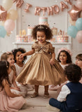 Girls Golden Brown Party Wear Frock with Sequin Bow