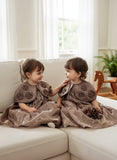 Girls Taupe Cape Dress with Floral Applique and Sheer Overlay