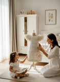 Girls Premium Ivory Floral Jacquard Frock with Rose & Puff Sleeves