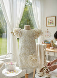 Girls Premium Ivory Floral Jacquard Frock with Rose & Puff Sleeves