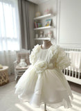 Girls Premium Pearl White Party Frock with Rose & Ruffle Sleeves