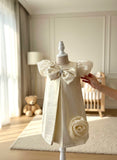 Girls Premium Golden Scuba Party Dress with Bow & Flower